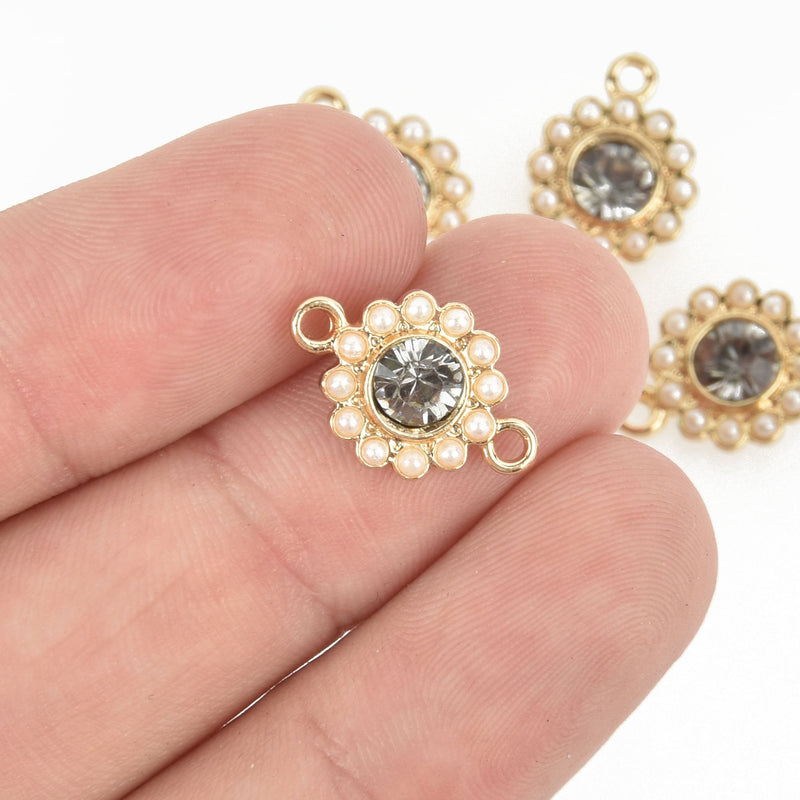 5 Gold Connector Link Charms, Round SMOKE GRAY Crystal Rhinestone with tiny faux pearls, 17mm, chs4774