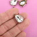 2 Rhinestone Teardrop Drop Charm Pendants, bronze bezel setting, faceted crystal glass, 3/4" long, chs4779