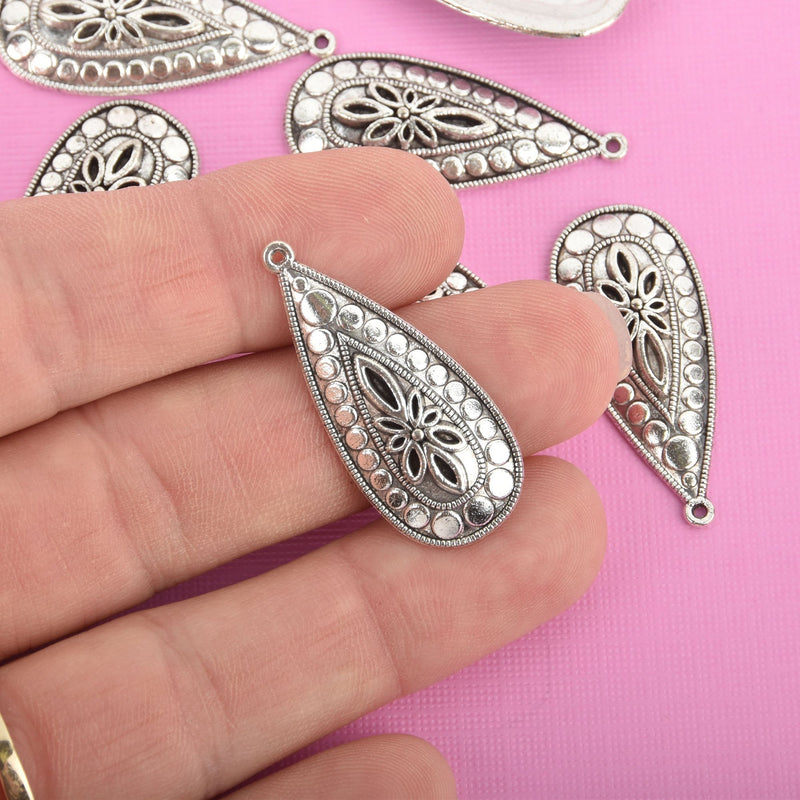 10 Silver Teardrop Charms, Filigree 35mm chs4784