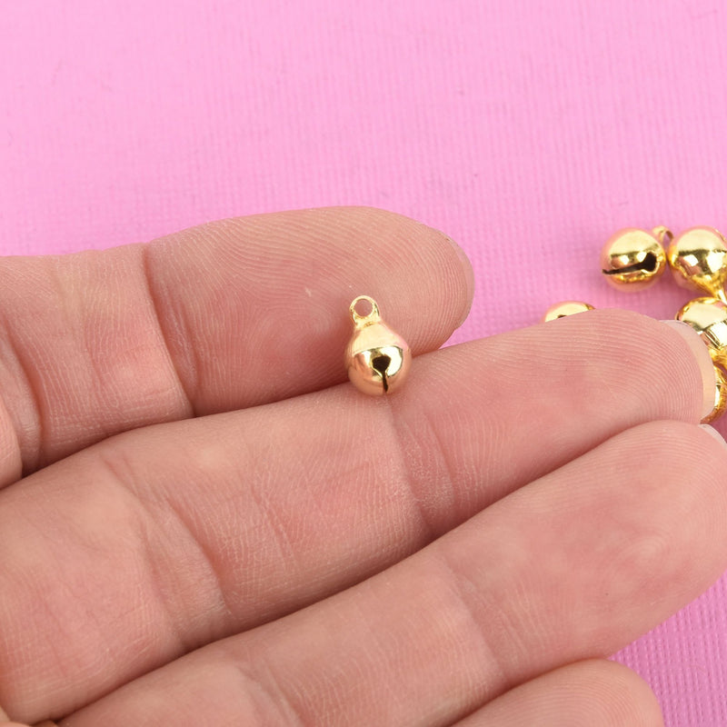 100 Small Jingle Bell Charms, gold plated, 9x6mm chs4786