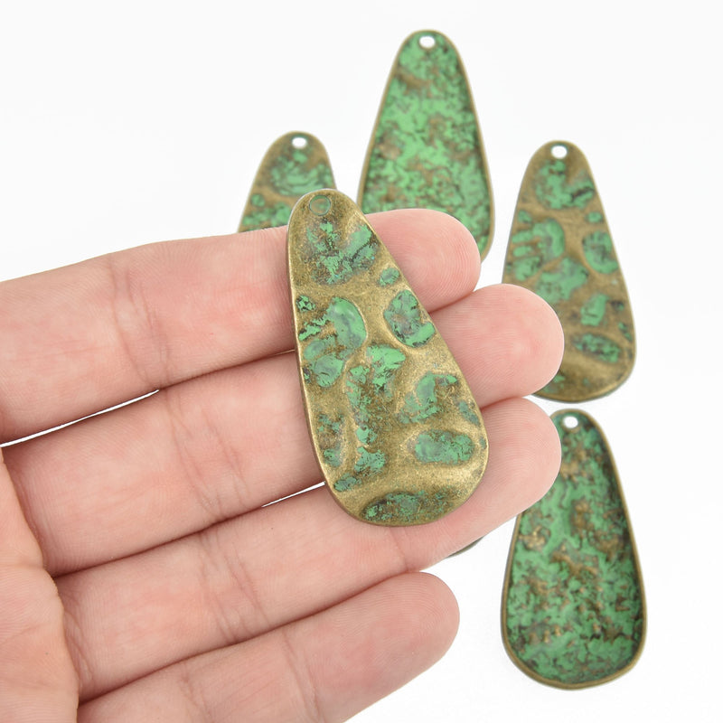 4 Bronze Triangle Charms, Green Verdigris Patina, Large Pendants, 1-7/8" long, chs4788