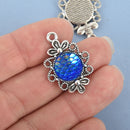 3 MERMAID Charms, BLUE AB, Mermaid Scale Charms, Silver Bezel, Fairy Tale Charms, 30mm, chs4791