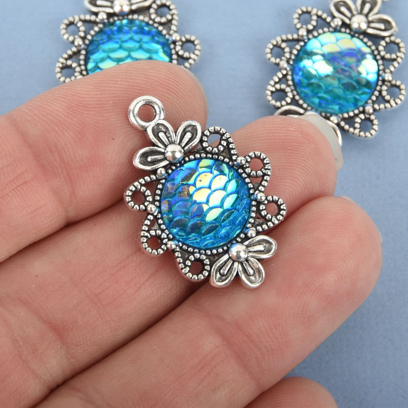 3 MERMAID Charms, Turquoise BLUE AB, Mermaid Scale Charms, Silver Bezel, Fairy Tale Charms, 30mm, chs4793
