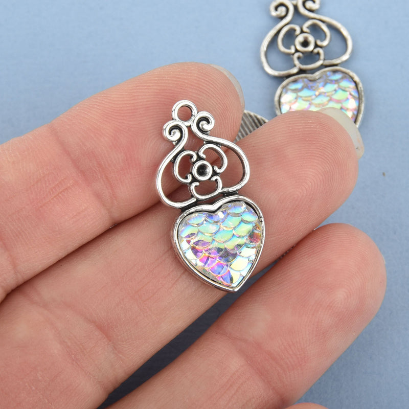 5 MERMAID Charms WHITE AB Heart Mermaid Scale with Silver Bezel, 29mm, chs4795