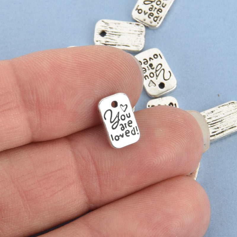 50 YOU ARE LOVED Charms, Stamped Rectangle Tag Charm Silver Tone Metal chs4799