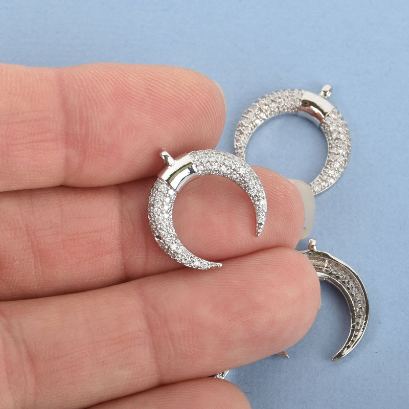 SILVER Double Horn Charm with CZ Crystals, Crescent Moon, Micro Pavé Pendant 18mm chs4800