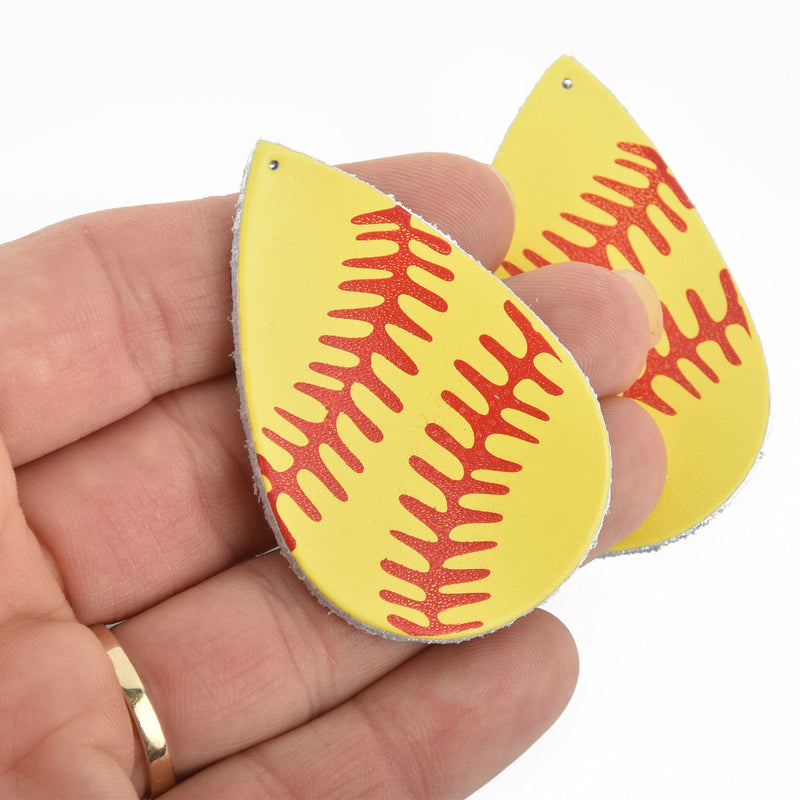 2 YELLOW SOFTBALL BASEBALL Real Leather Teardrop Charm Pendants Cowhide, 2-1/4" long chs4803