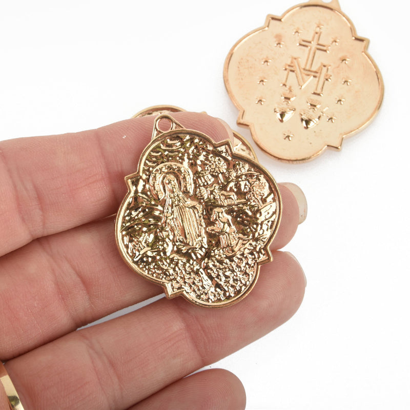 4 Light Gold Relic Charm Pendants, religious medal coin charms, 40x34mm, chs4804