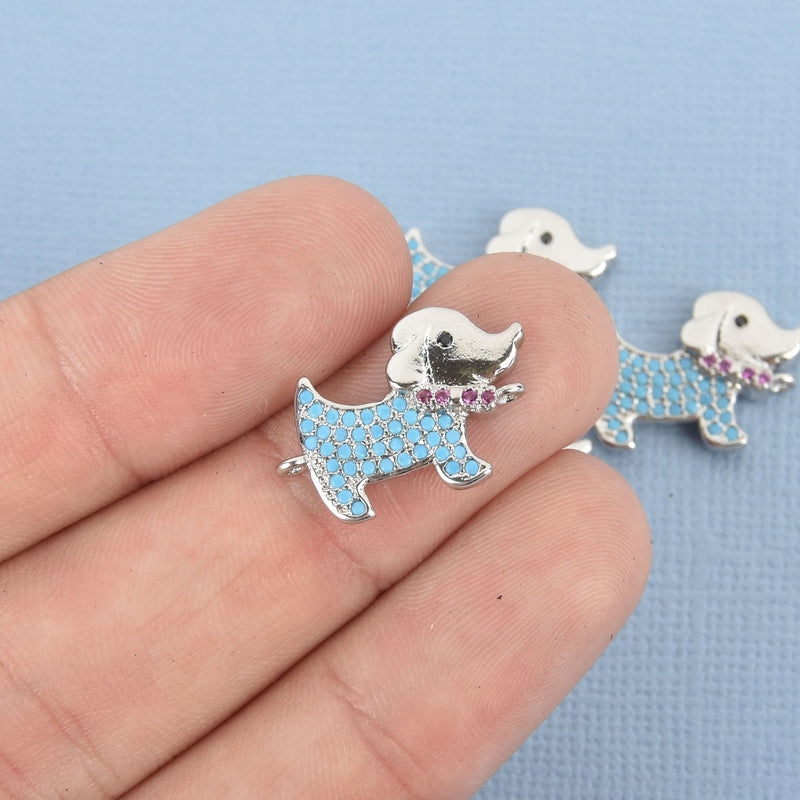 Silver DOG Charms, Micropave blue CZ crystals, Connector Link, chs4814