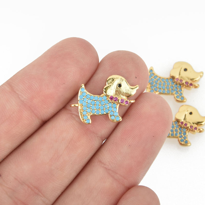 Gold DOG Charms, Micropave blue CZ crystals, Connector Link, chs4815
