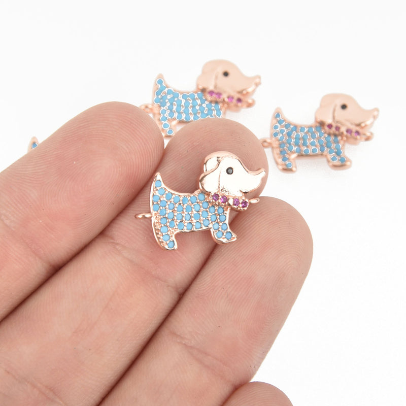 Rose Gold DOG Charms, Micropave blue CZ crystals, Connector Link, chs4817