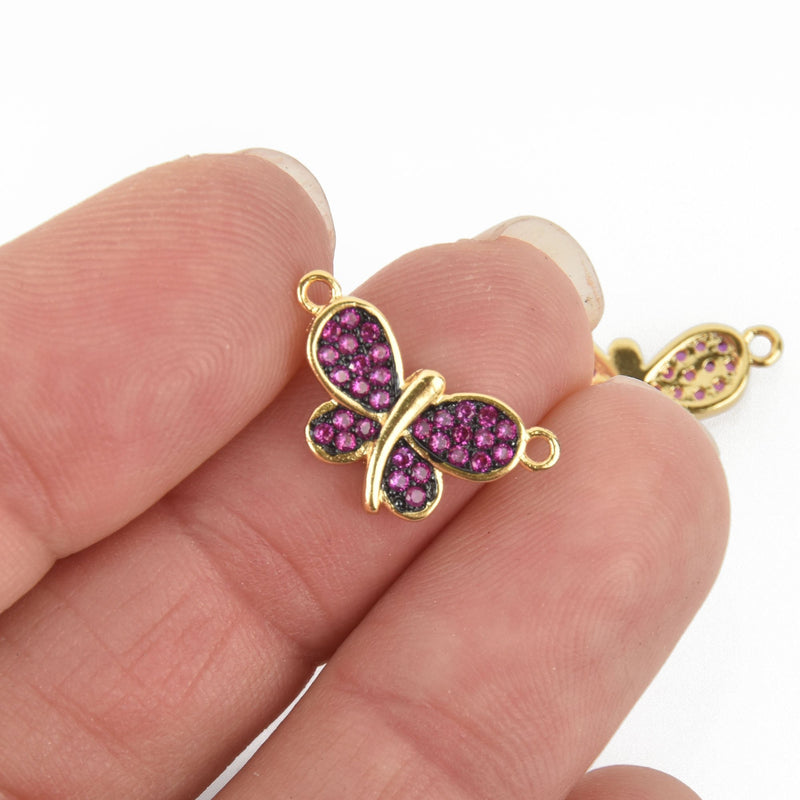 Gold Butterfly Charms, Micro pave HOT PINK CZ crystals, Connector Link, chs4819