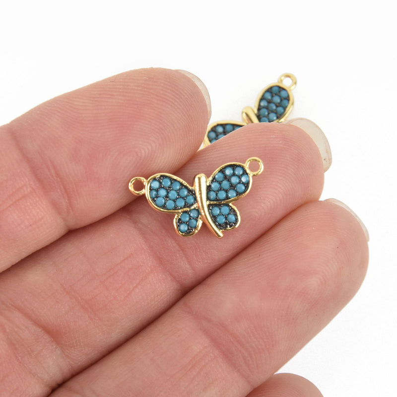 Gold Butterfly Charms, Micro pave TURQUOISE BLUE CZ crystals, Connector Link, chs4820