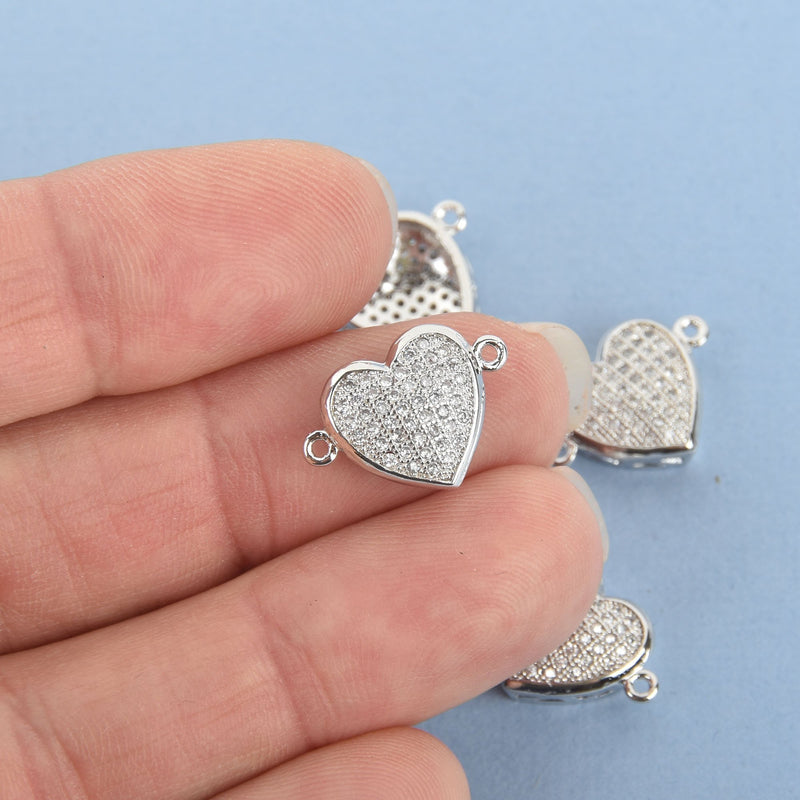 1 Silver Heart Charm, Micro Pave Connector Link, CZ crystals chs4821