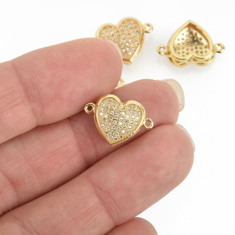 1 Gold Heart Charm, Micro Pave Connector Link, CZ crystals chs4822