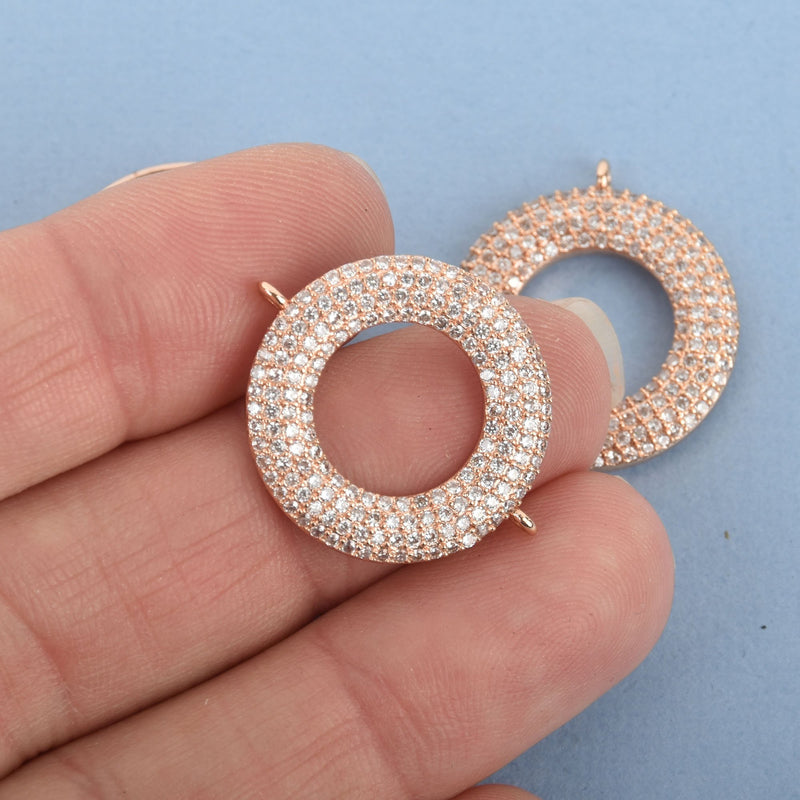 Rose Gold Round Charm, Micro Pave CZ Cubic Zirconia Crystals, 2-hole Connector Link, Brass Metal, 26x22mm chs4823