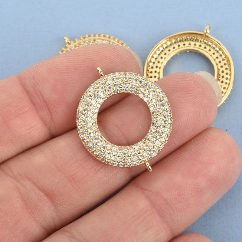 Gold Round Charm, Micro Pave CZ Cubic Zirconia Crystals, 2-hole Connector Link, Brass Metal, 26x22mm chs4824