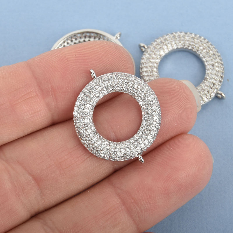 Silver Round Charm, Micro Pave CZ Cubic Zirconia Crystals, 2-hole Connector Link, Brass Metal, 26x22mm chs4825