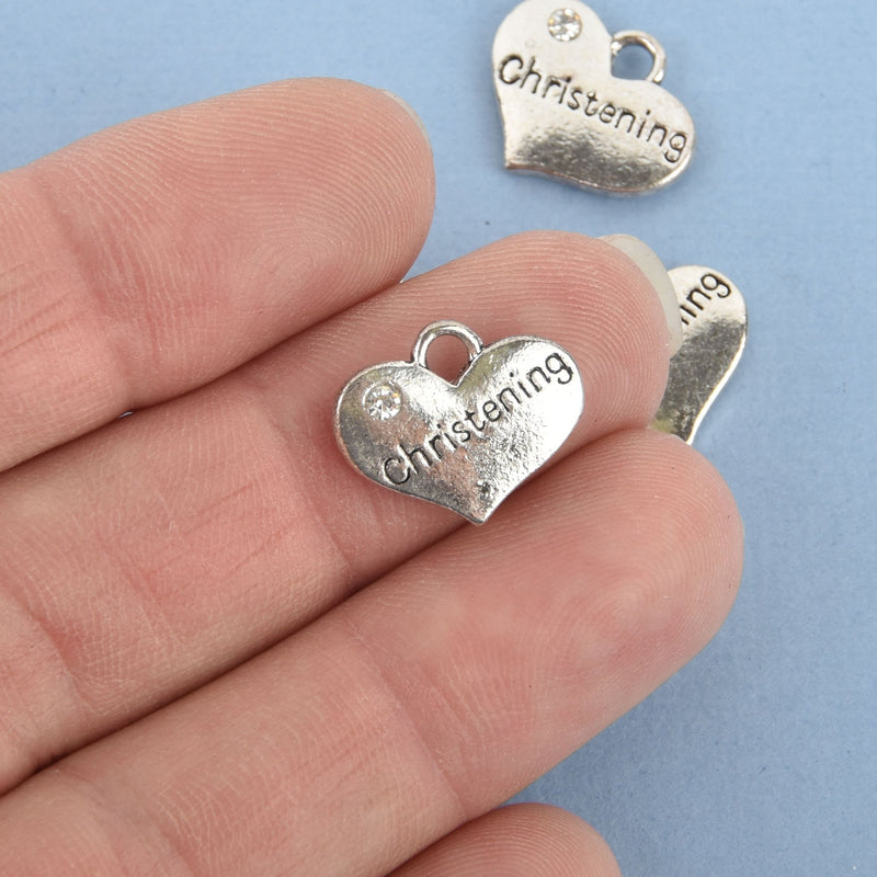 10 Silver CHRISTENING Heart Charms chs4830