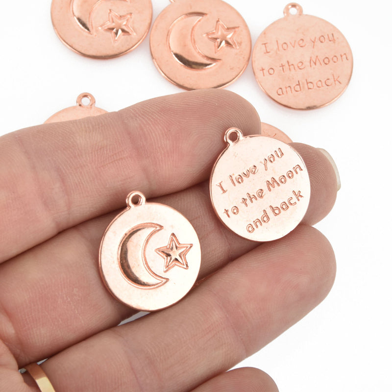 10 Rose Gold Charms, Stamped "I love you to the moon and back", 20mm chs4831