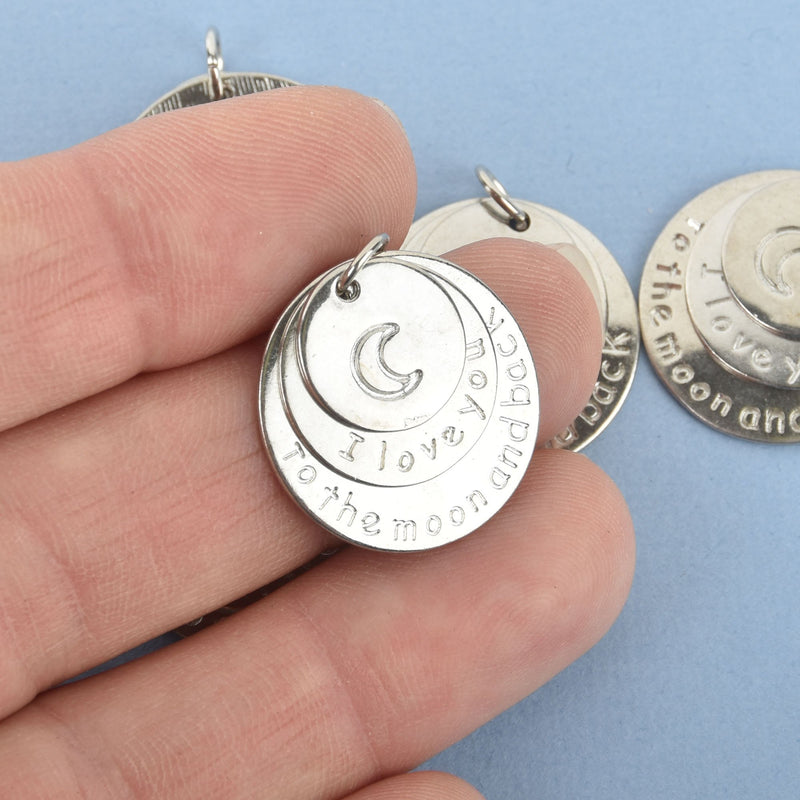 5 Silver Charms Stamped with "I love you to the moon n back" triple stacked charms chs4834