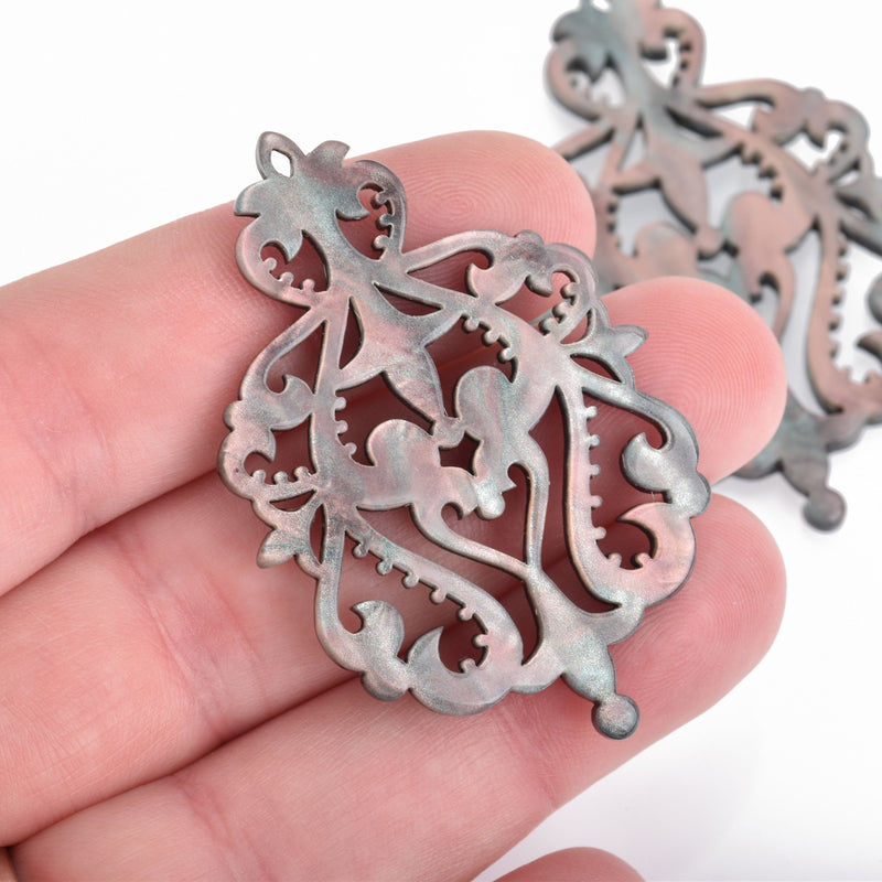 2 Acrylic Filigree Scroll double sided pendant charms 2" x 1-1/4" chs4840