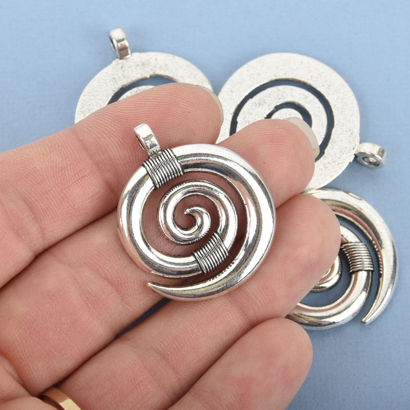 10 LARGE SPIRAL Charms, Silver Tone Swirl Pendants, 35x28mm, chs4845