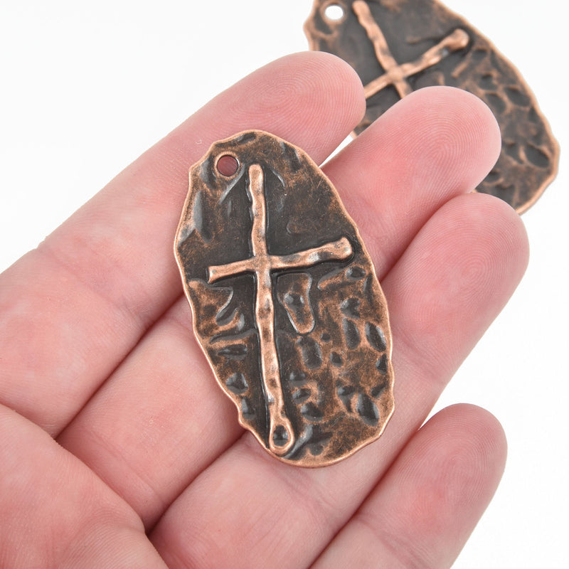 5 Hammered Copper Cross Pendant Charms, large oval 1-7/8" long chs4851