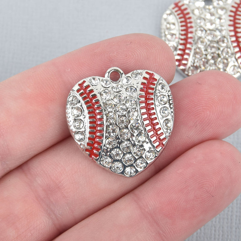 BASEBALL HEART Charm Crystal Rhinestones silver with red enamel, 1" long, chs4852