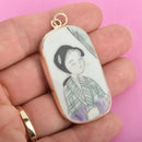Geisha Porcelain Pottery Shard Pendant, Asian Lady, Chinese Oriental with gold bezel, RECTANGLE chs4859