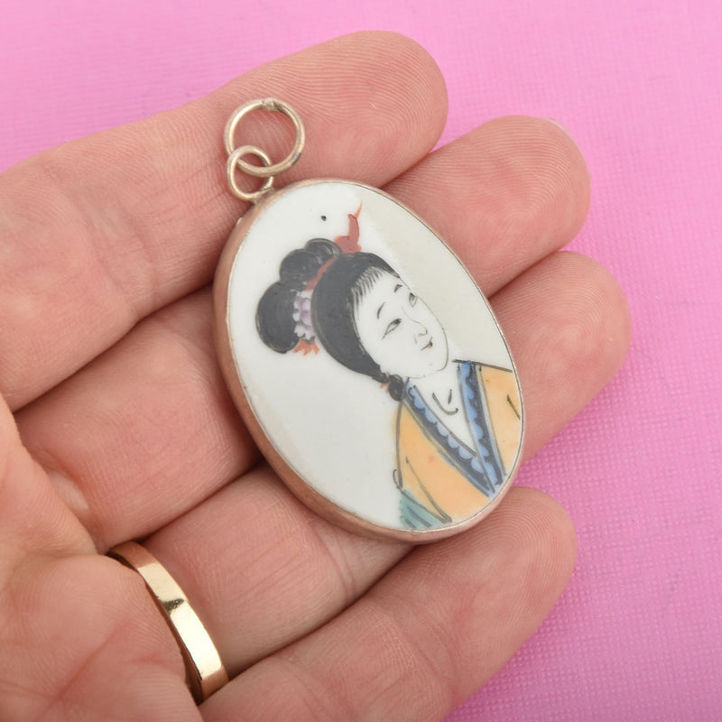 Geisha Porcelain Pottery Shard Pendant, Asian Lady, Chinese Oriental with gold bezel, OVAL chs4860