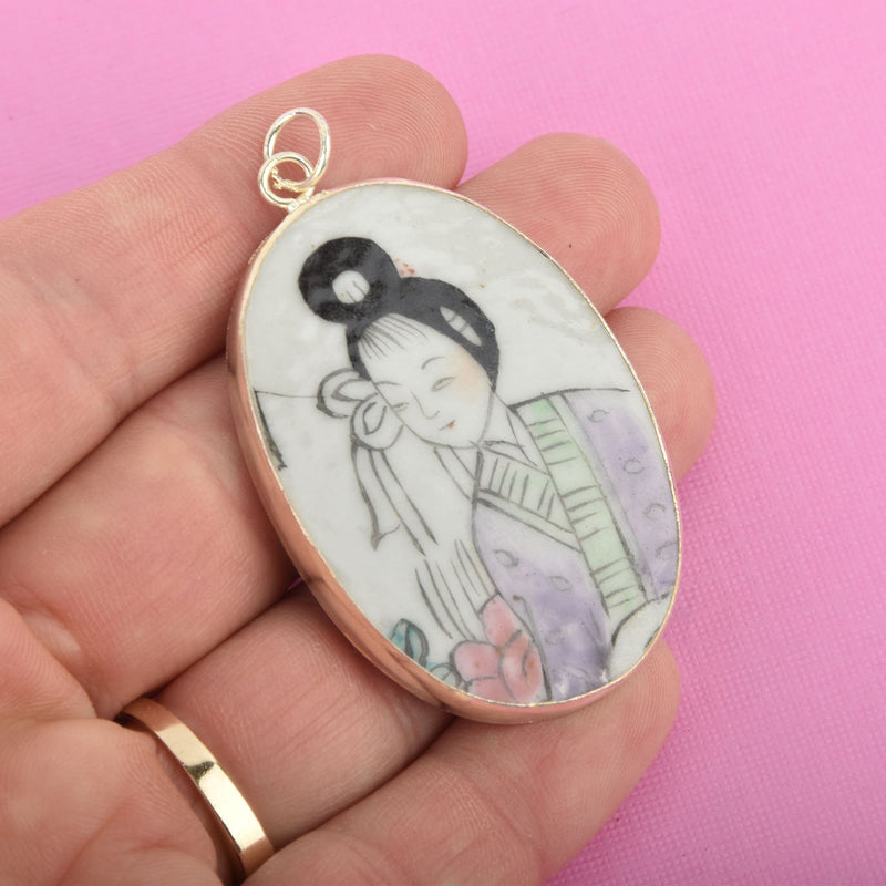 Geisha Porcelain Pottery Shard Pendant, Asian Lady, Chinese Oriental with gold bezel, OVAL chs4862