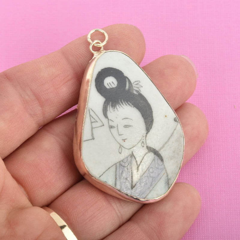 Geisha Porcelain Pottery Shard Pendant, Asian Lady, Chinese Oriental with gold bezel, TEARDROP chs4863