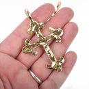 2 LIGHT GOLD Cross Fleury Relic Charms, Large Fleur de Lis Cross, Hammered Plated Metal 3" long chs4867