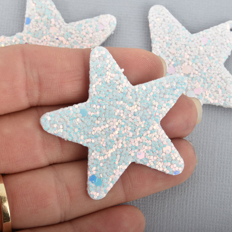 10 WHITE AB Faux Leather STAR Glitter Charms Vegan Leather, 2" long chs4871