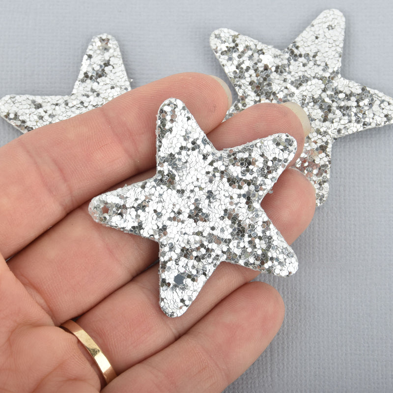 10 SILVER Faux Leather STAR Glitter Charms Vegan Leather, 2" long chs4873