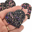 10 BLACK GALAXY Faux Leather HEART Glitter Charm Pendant Vegan Leather, 2-1/4" wide chs4878