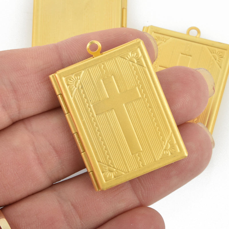 2 LOCKET Book Charms Matte GOLD Bible Charms, Cross Charms, 35mm chs4891