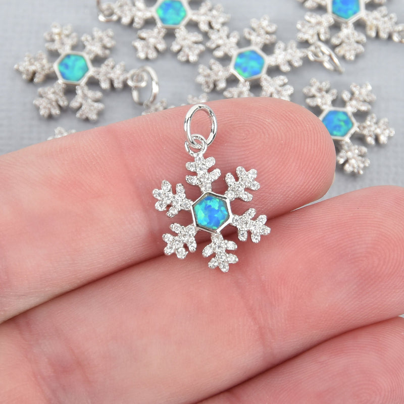 Silver SNOWFLAKE Charm, Micro pave faux opal and CZ cubic zirconia, platinum plated, 13mm, chs4895