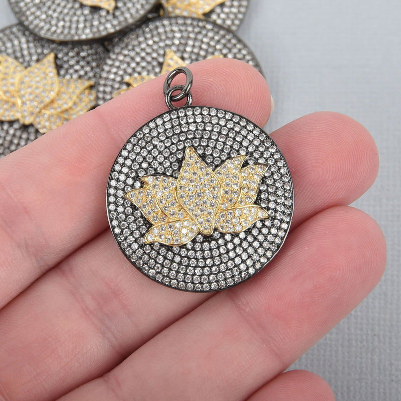 Micro Pave LOTUS Charm, Black and Gold, CZ Cubic Zirconia Rhinestones, Yoga Charms, 30mm (1-1/8") chs4897
