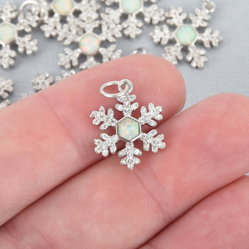 Silver SNOWFLAKE Charm, Micro pave faux opal and CZ cubic zirconia, platinum plated, 13mm, chs4898