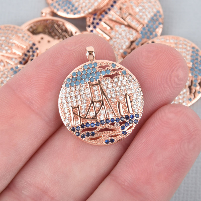 Micro Pave GOLDEN GATE BRIDGE Charm, Cz Cubic Zirconia, Rose Gold Plated Brass with Crystals 20mm chs4900