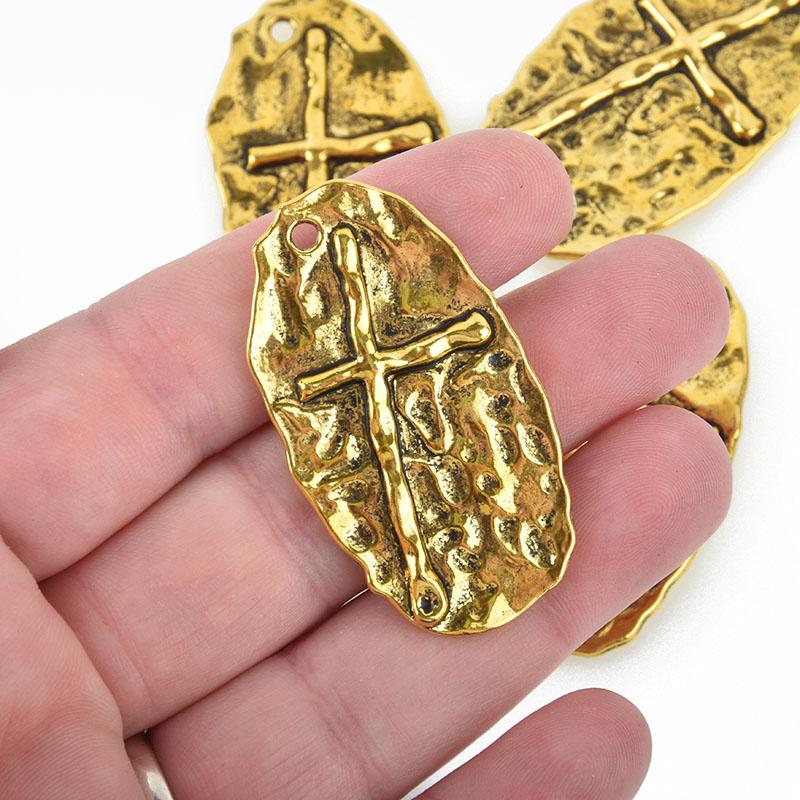 5 Hammered Gold Cross Pendant Charms, large oval 1-7/8" long chs4904