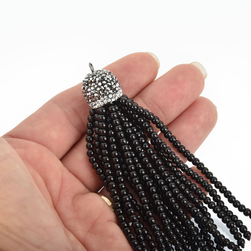 BLACK CRYSTAL Tassel Pendant, Micro Pave Tassel Necklace Enhancer, Glass Beads, Rhinestone Bail, about 4" long, chs4908