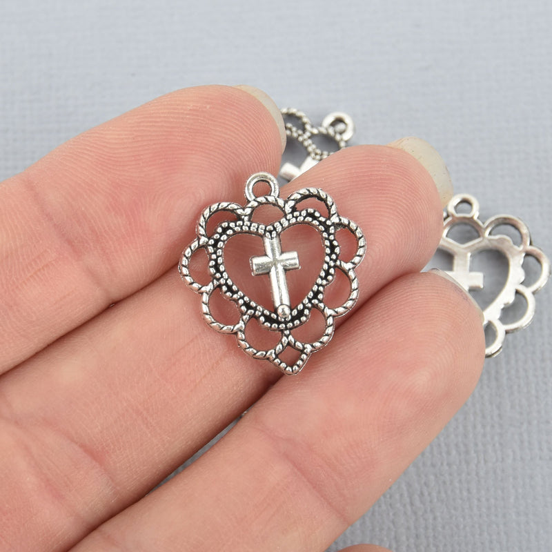 10 Silver Lace CROSS HEART Charms Filigree Charms 21mm, chs4917
