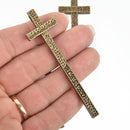2 Bronze CROSS Charm Pendants stamped with "BLESSED", hammered rustic metal, 76mm chs4925