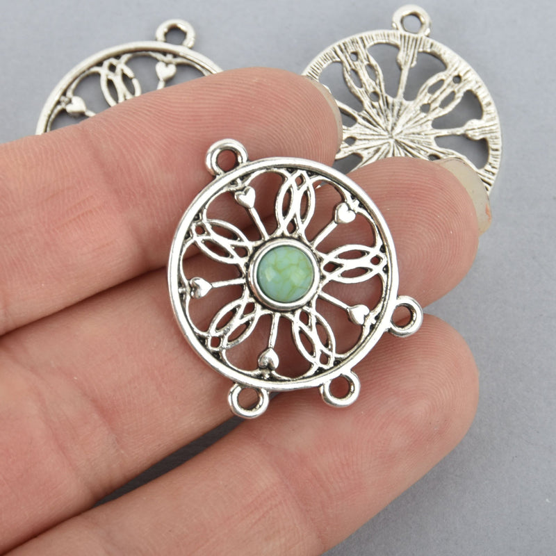 5 Silver DREAM CATCHER Charms Mandala Charm Pendant, 1 to 3 connector, chandelier findings, faux turquoise blue bead chs4929