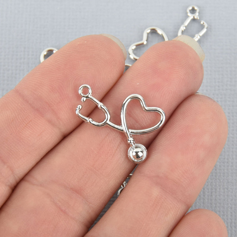 10 Silver Nurse Charms HEARTBEAT HEART STETHOSCOPE Connector Link 22mm chs4932