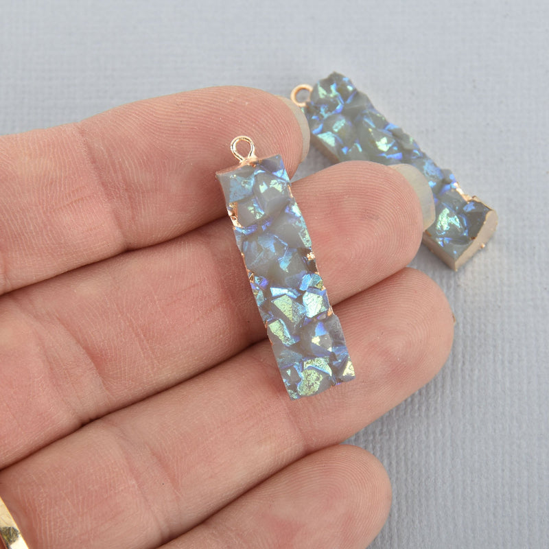 2 Resin Faux Druzy Charms Rectangle Bar Pendants, Gray Iridescent with gold plating chs4942