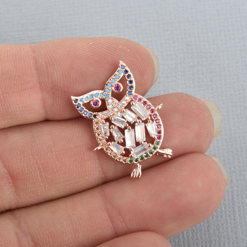 1 Rose Gold Owl Charm Micro Pave Rhinestone Connector Link chs4944